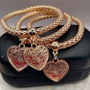 Aphrodite Rose Gold Plated Heart Charm Bracelets Trio with Red Austrian Crystals